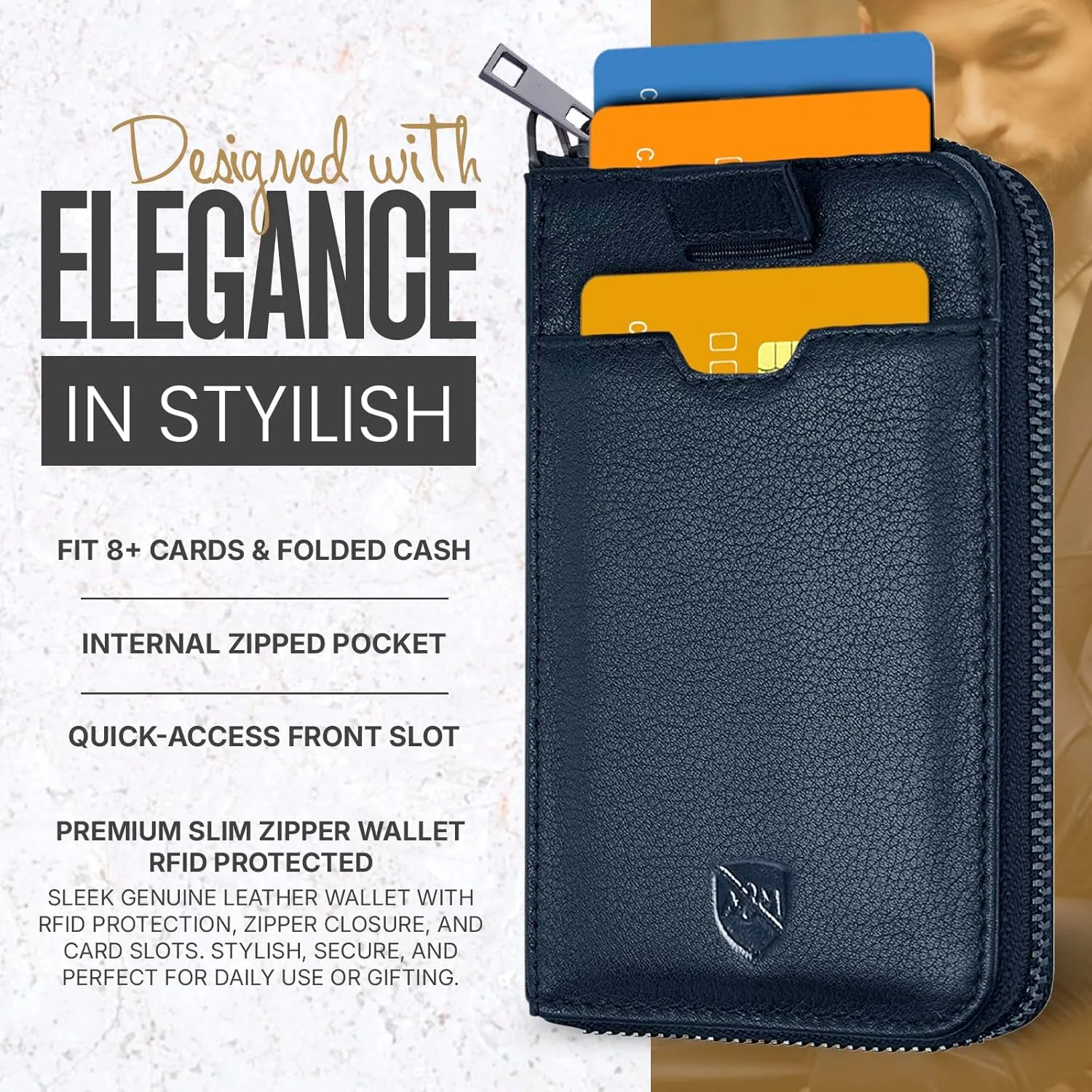ALLEN & MATE Mens Wallet with Zip, RFID Blocking Slim Leather Wallet, Credit Card Holder, Leather Zipped Wallet for Men Women, Holds up to 12 Cards, Bank Notes, Coins, Navy Blue, Minimalist
