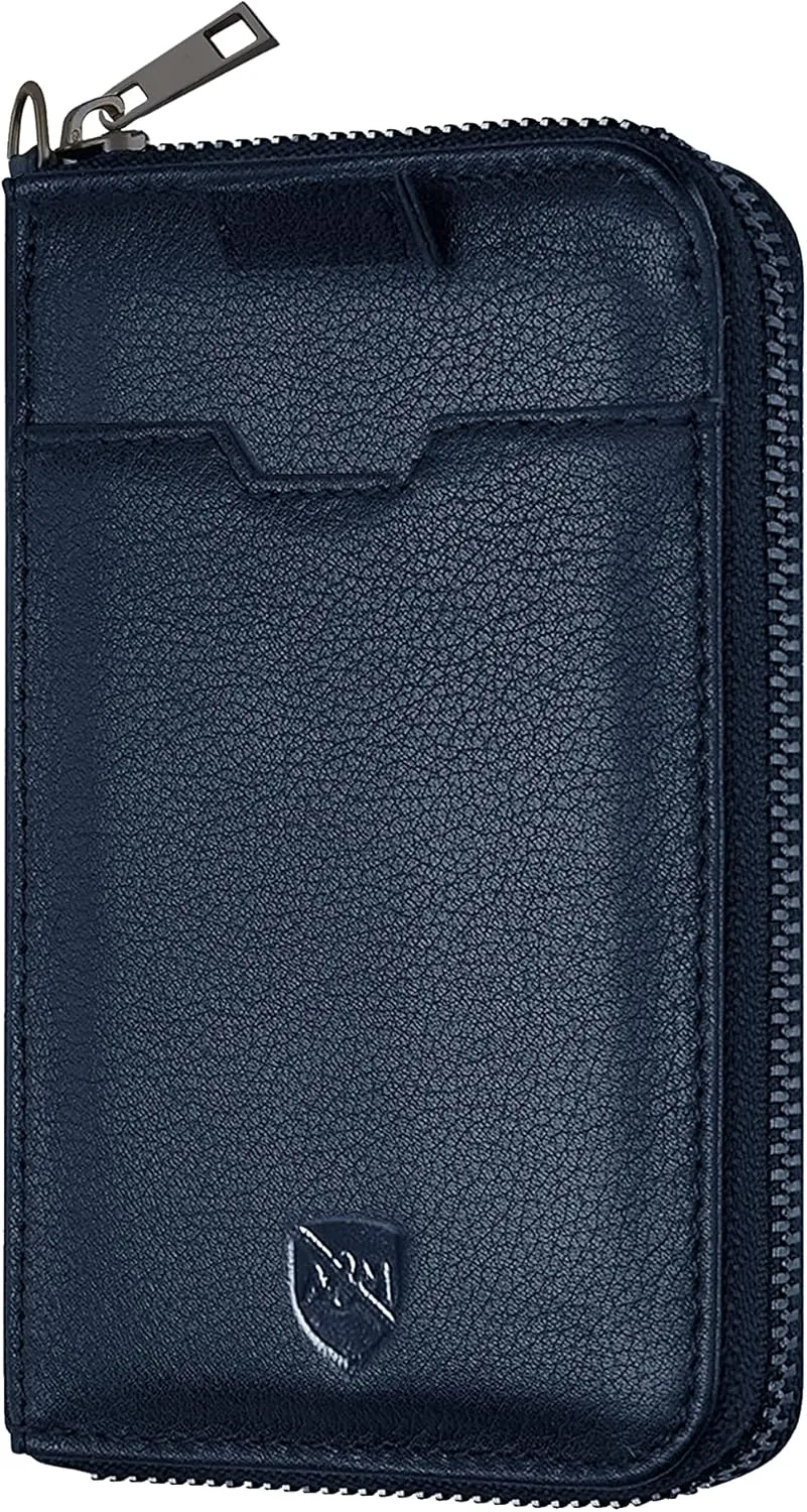 ALLEN & MATE Mens Wallet with Zip, RFID Blocking Slim Leather Wallet, Credit Card Holder, Leather Zipped Wallet for Men Women, Holds up to 12 Cards, Bank Notes, Coins, Navy Blue, Minimalist