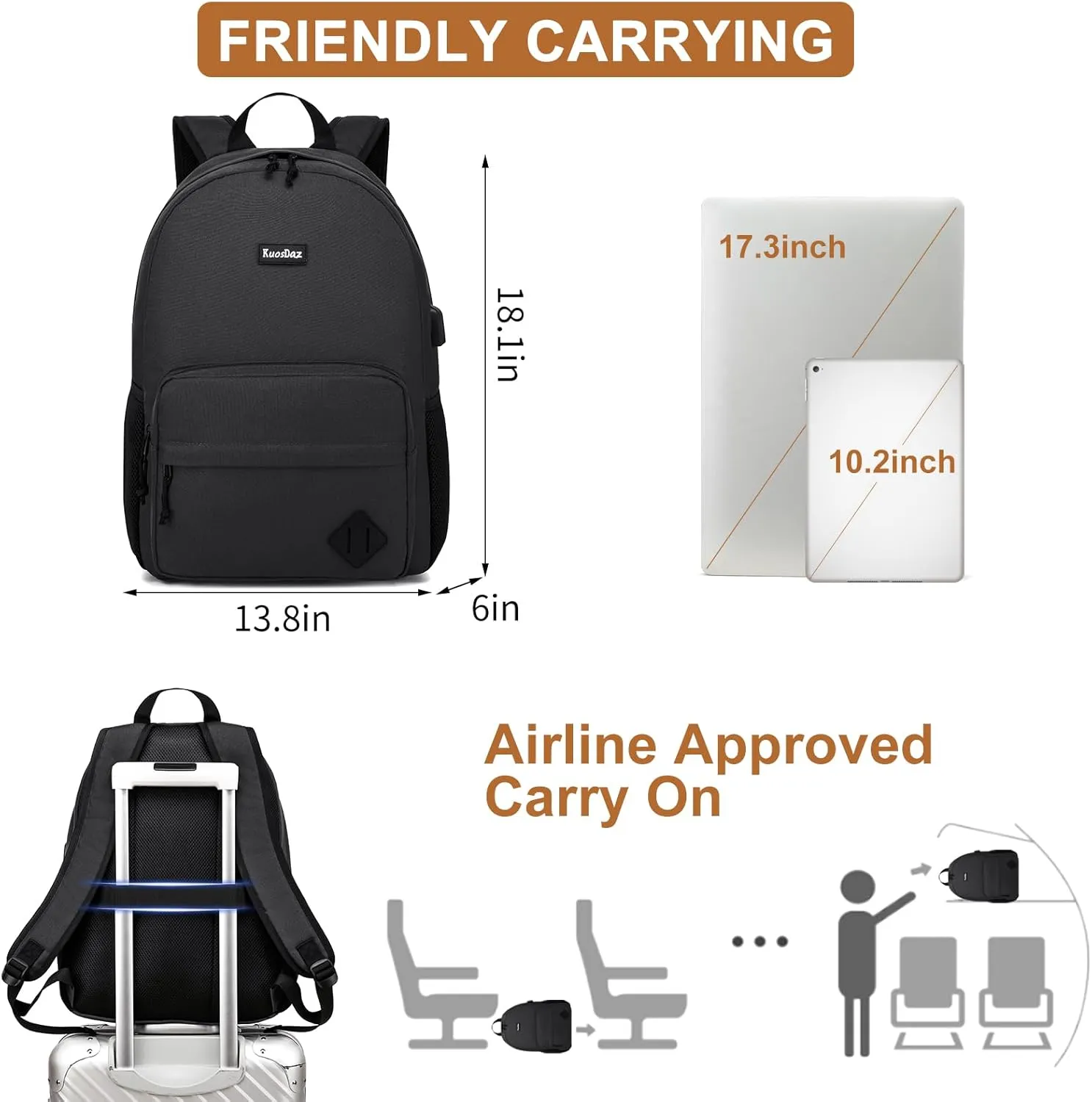 Black Backpack for School Teen Boys & Girls, Lightweight Casual Backpacks for Men and Women, Classic Basic Water Resistant Casual Daypack Fit 17.3 Inch Laptop