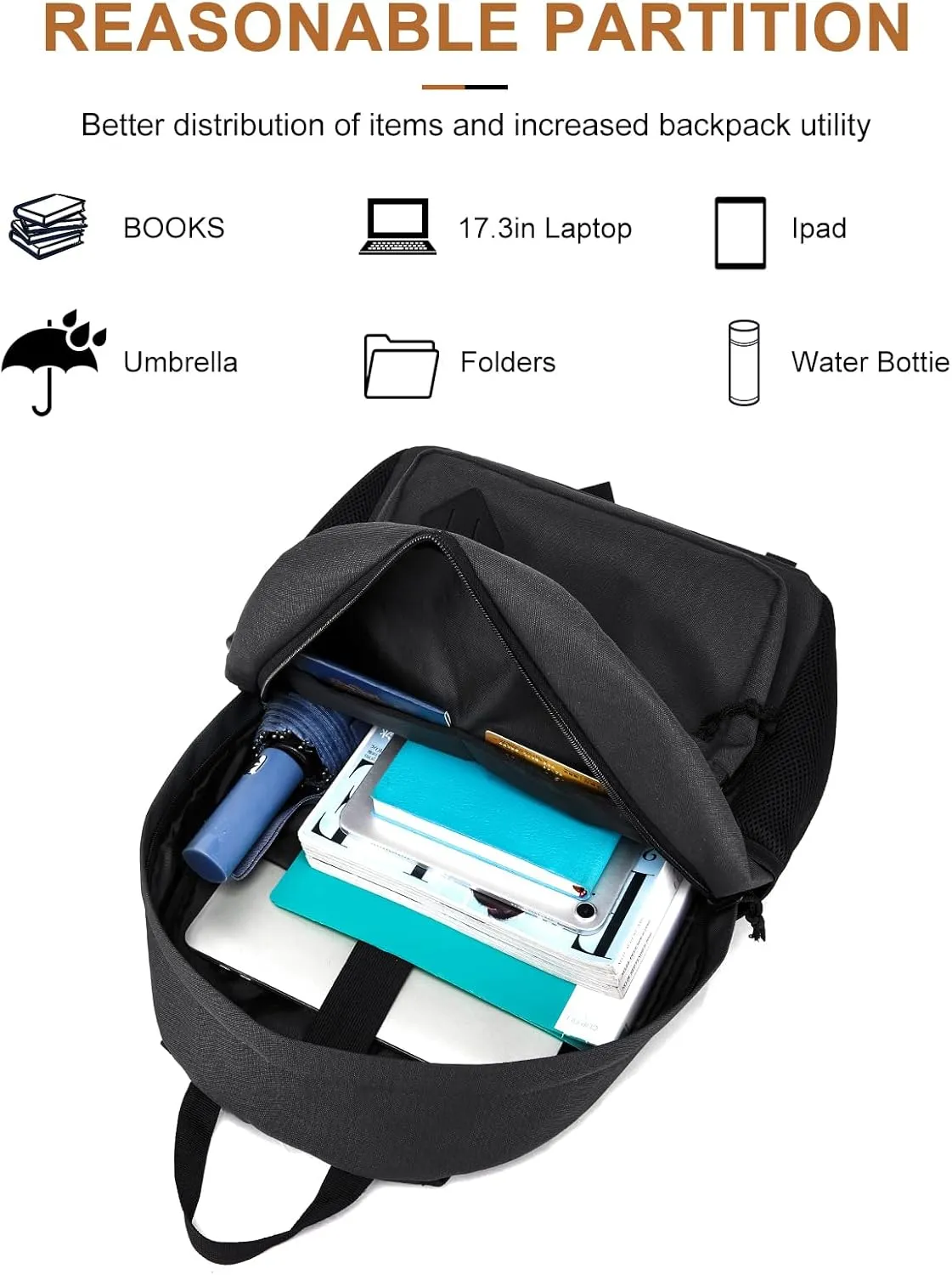 Black Backpack for School Teen Boys & Girls, Lightweight Casual Backpacks for Men and Women, Classic Basic Water Resistant Casual Daypack Fit 17.3 Inch Laptop