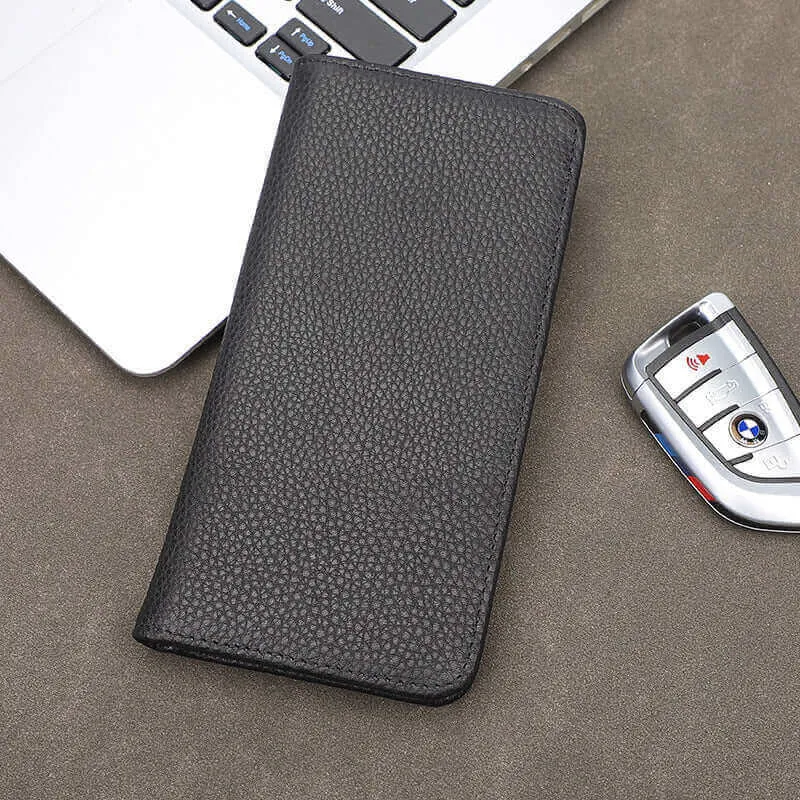 Black Leather Minimalist Wallet - Men's & Women's Long Bifold Wallet NZ
