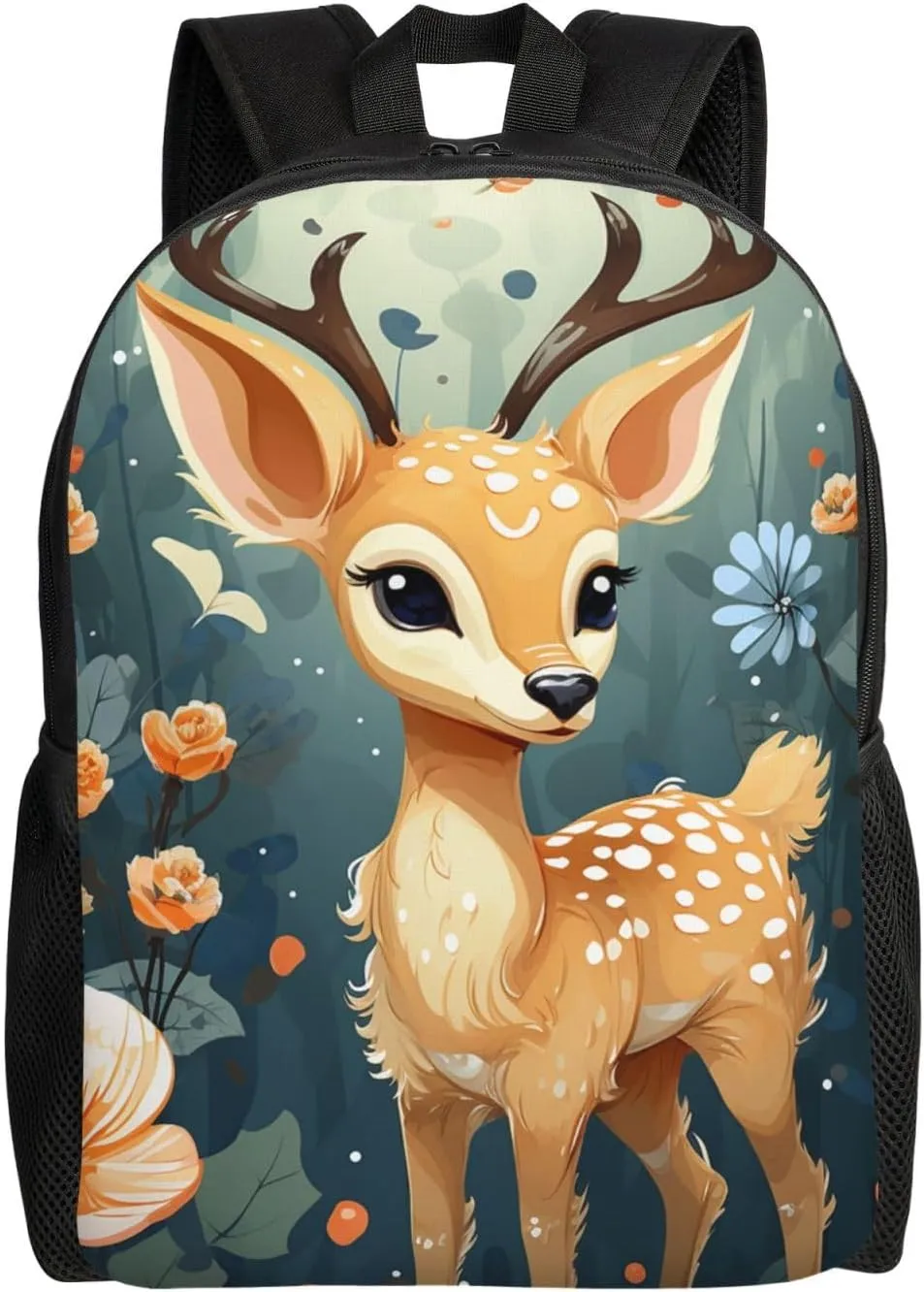Cartoon Deer Flower Travel Backpack for Women Men Large Laptop Bag 16.1Inch College Bag Casual Daypack