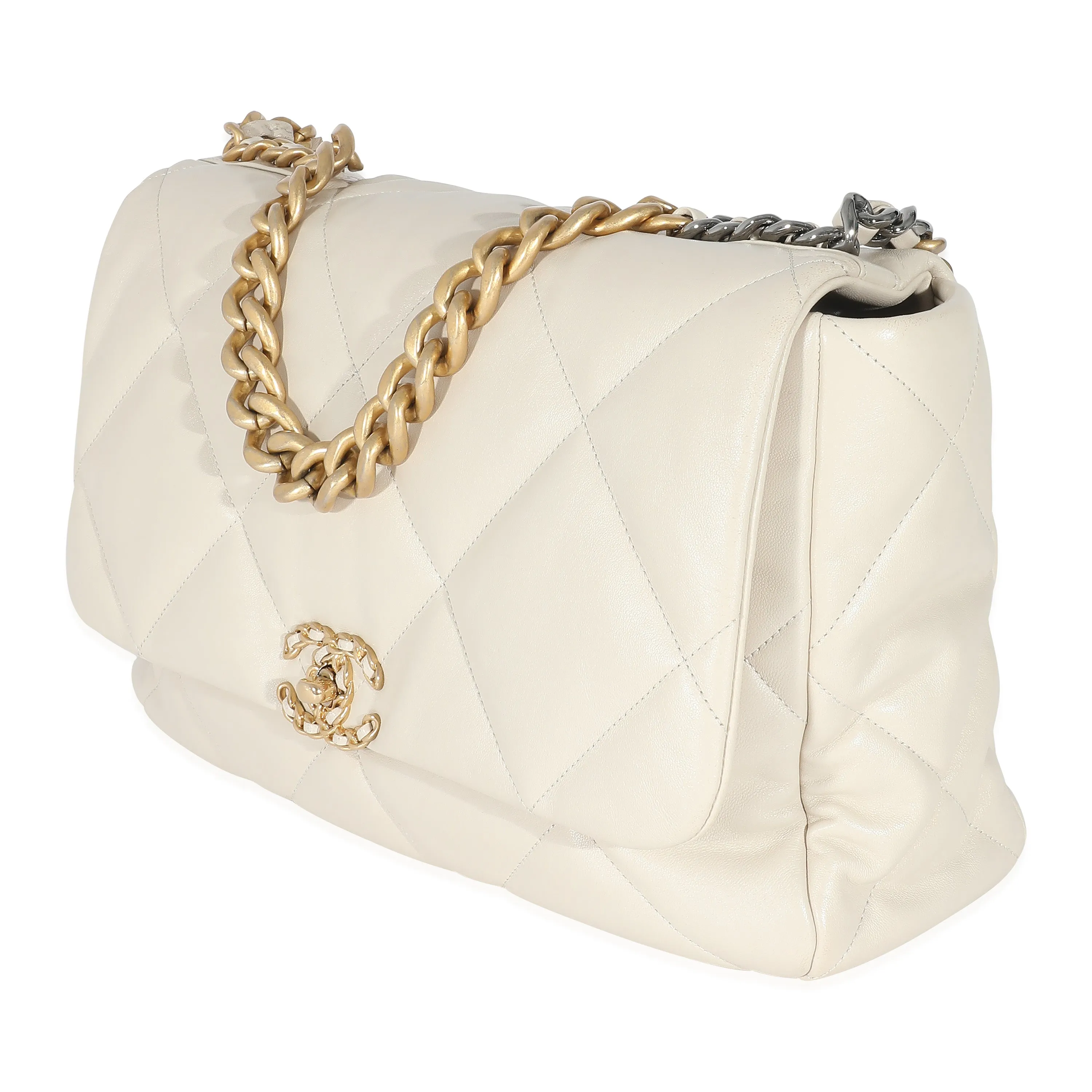 CHANEL Ivory Shiny Quilted Lambskin Maxi 19 New Bag
