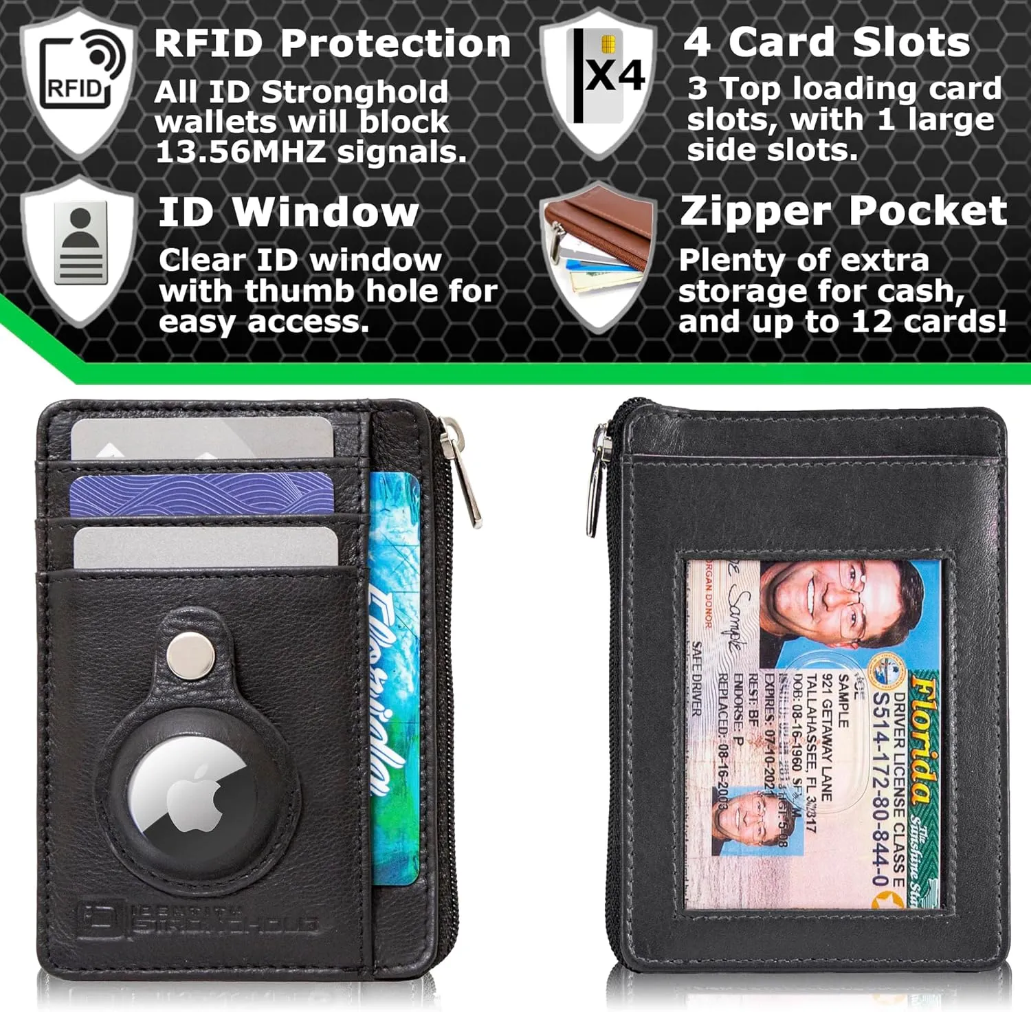 ID Stronghold RFID Front Pocket Wallet Mini Minimalist Wallet Slim Wallet Genuine Leather with Zipper (Airtag Black)