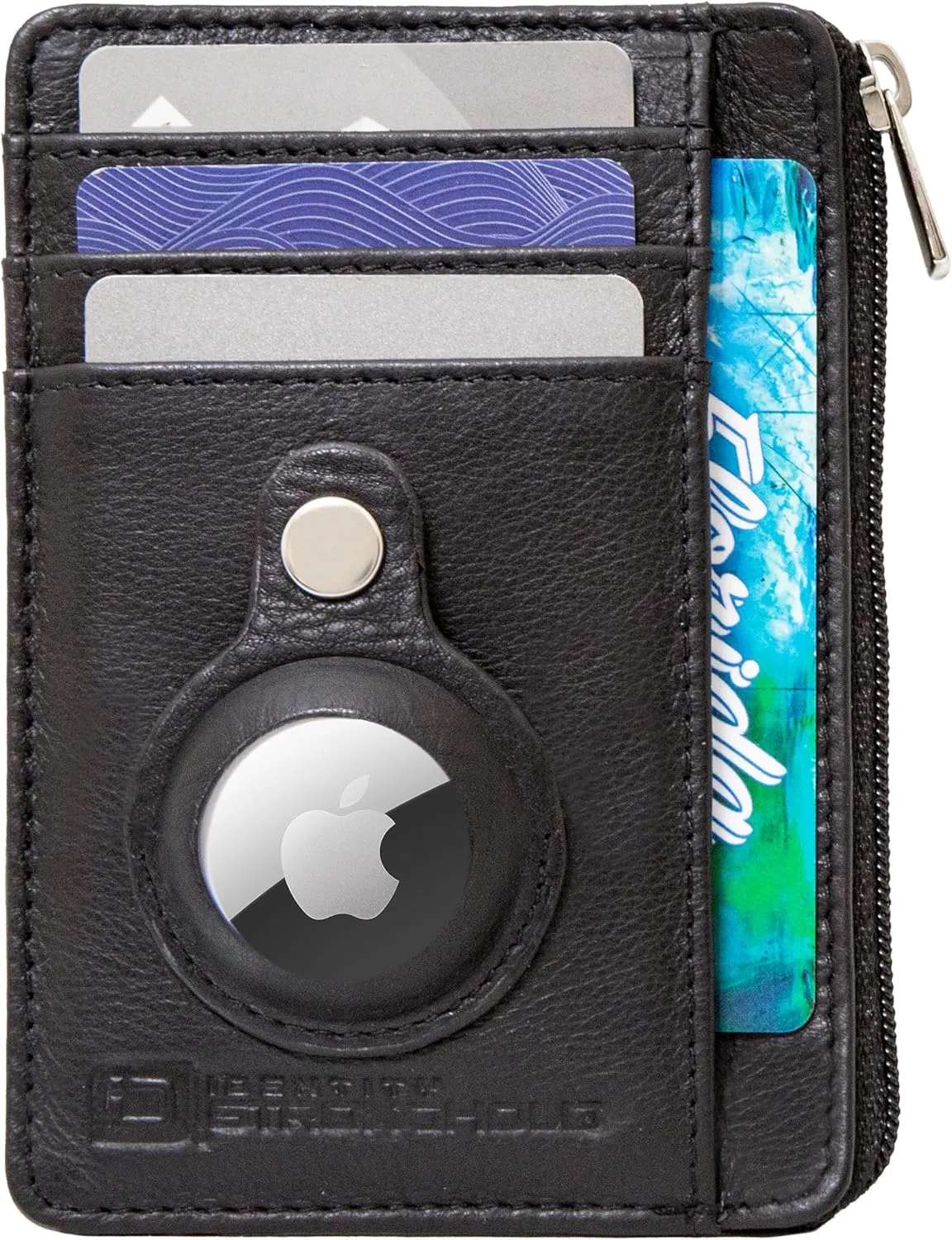 ID Stronghold RFID Front Pocket Wallet Mini Minimalist Wallet Slim Wallet Genuine Leather with Zipper (Airtag Black)