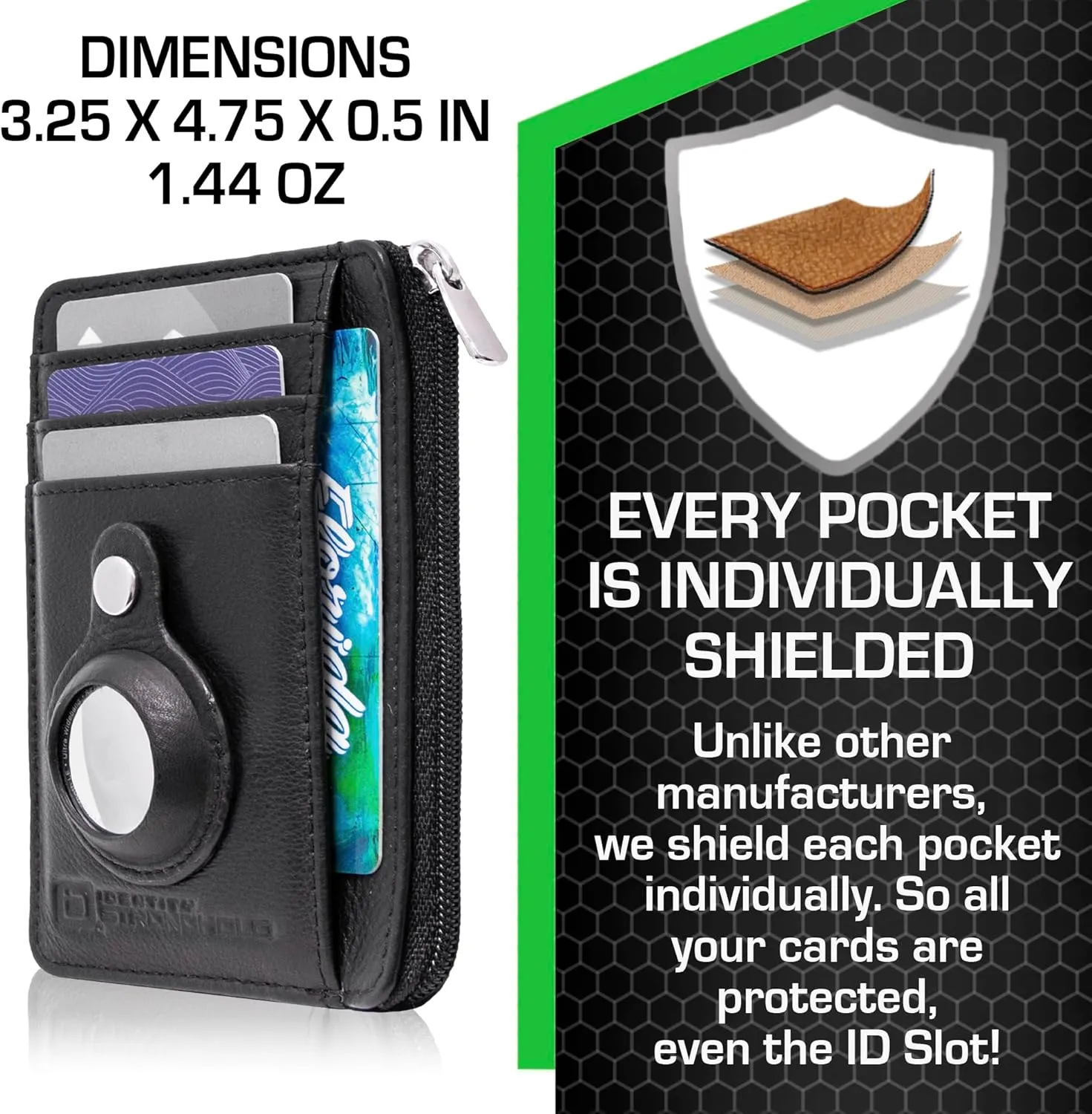 ID Stronghold RFID Front Pocket Wallet Mini Minimalist Wallet Slim Wallet Genuine Leather with Zipper (Airtag Black)