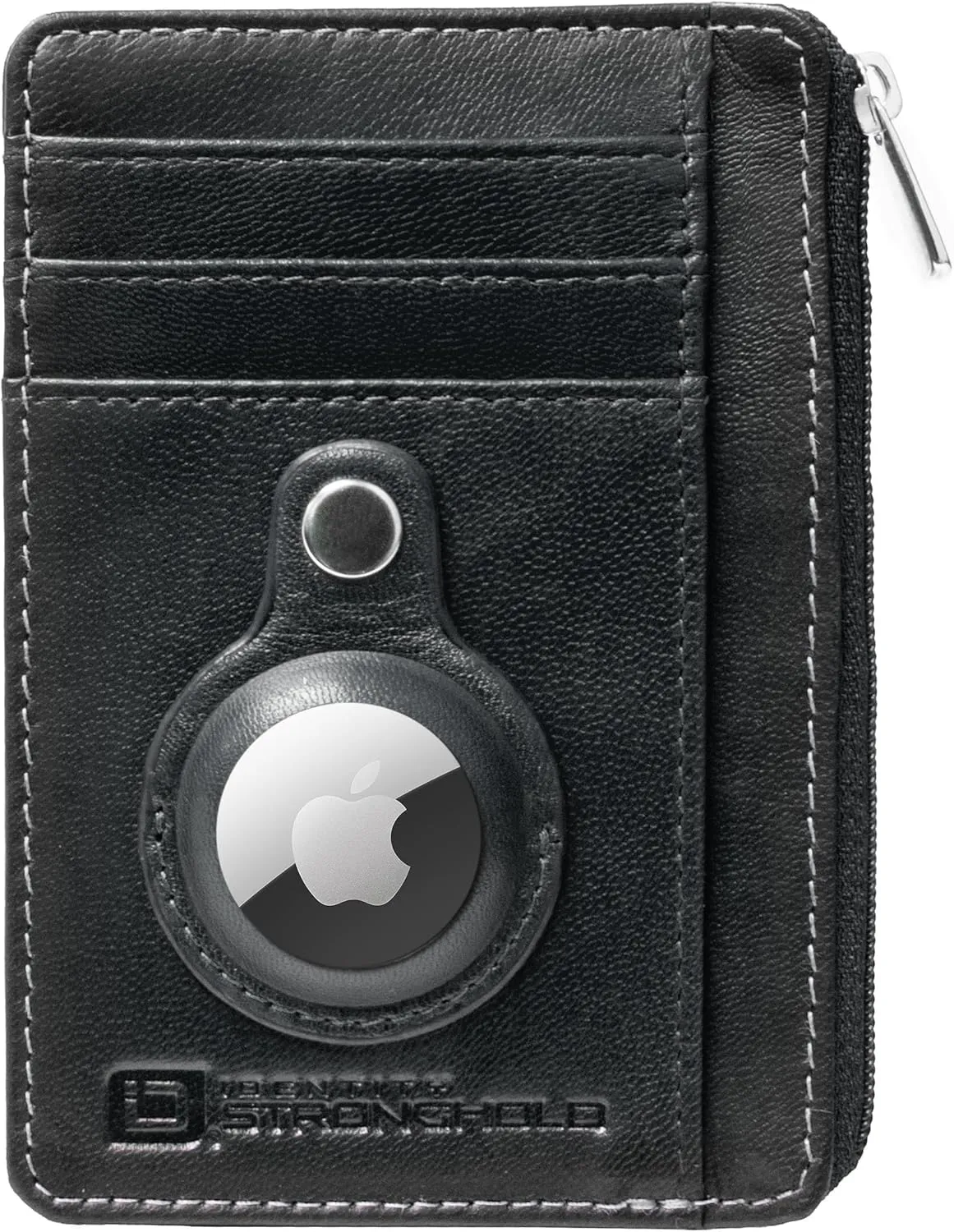 ID Stronghold RFID Front Pocket Wallet Mini Minimalist Wallet Slim Wallet Genuine Leather with Zipper (Airtag Black)
