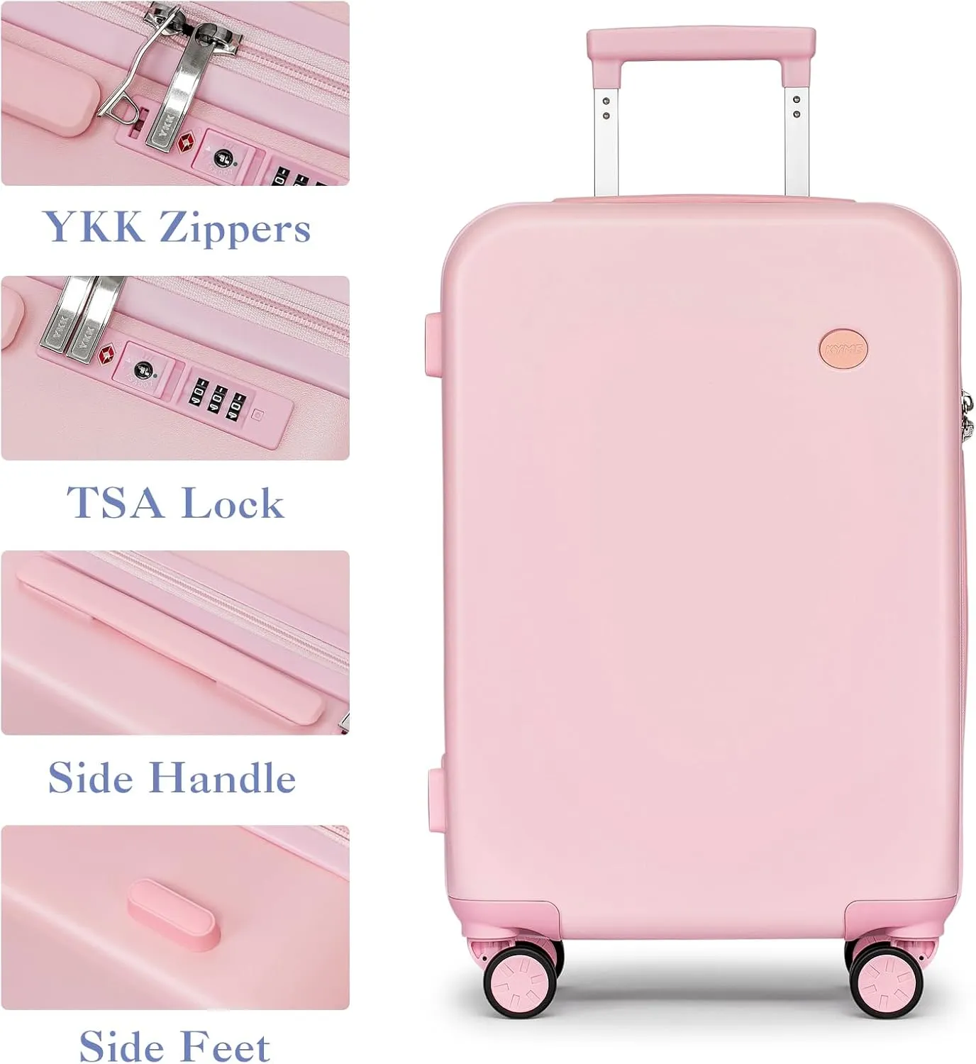 KYME Carry On Luggage, 22 Inch Suitcase With Double Spinner Wheels Airline Approved, 22x14x9 Hardshell Suicases Built-in Tsa Lock, PC Suitcase Carryon, Sakura Pink