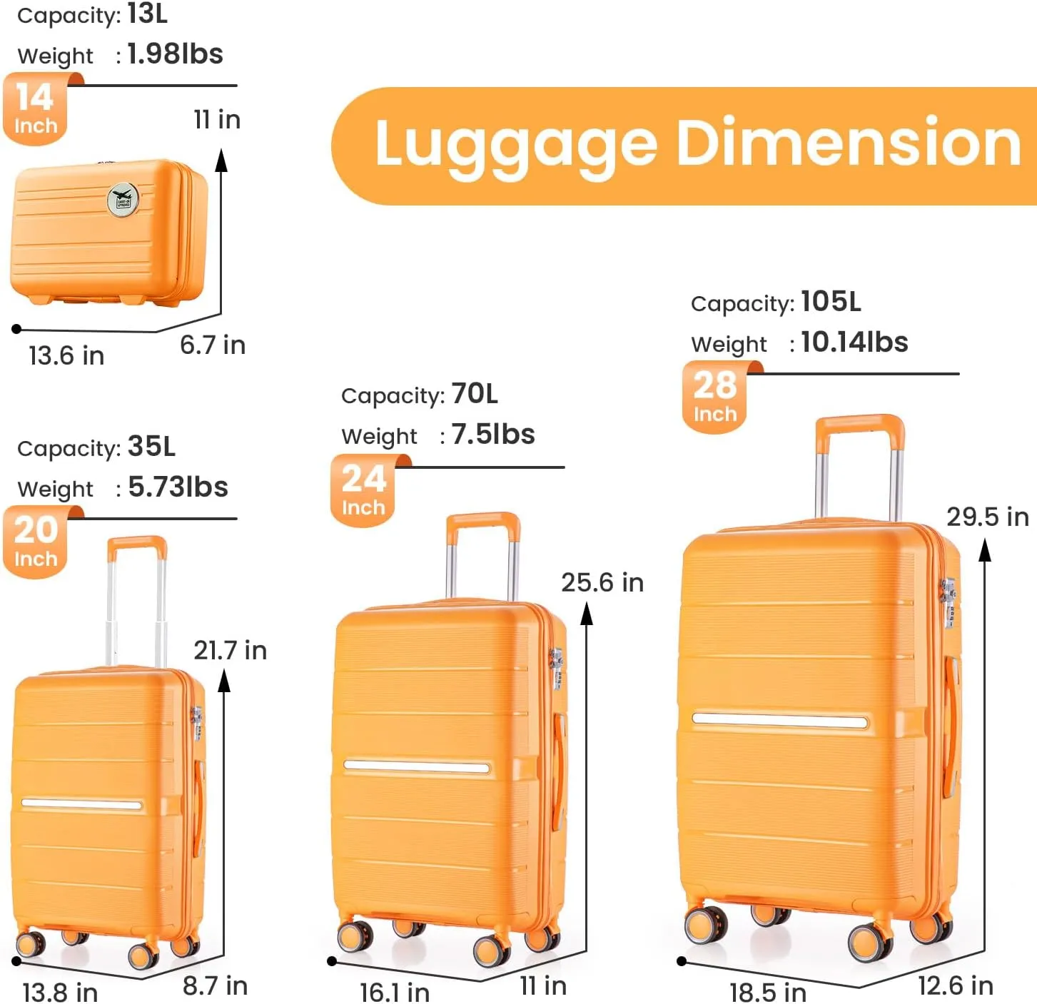Luggage Sets 4 Piece, Hard Shell Lightweight Carry on Expandable Suitcase with Spinner Wheels Travel Set TSA Lock (#06 Orange)
