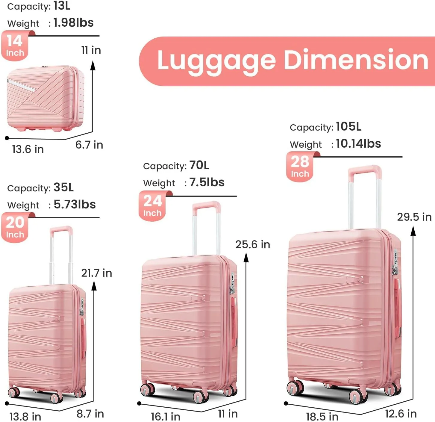 Luggage Sets 4 Piece, Hard Shell Lightweight Carry on Expandable Suitcase with Spinner Wheels Travel Set TSA Lock (#09 Rose Pink)