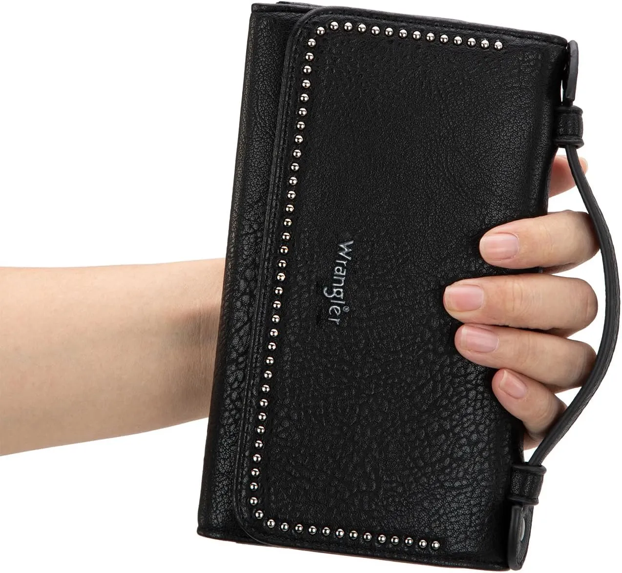 Montana West Wrangler Clutch Wallet for Women RFID Cute Crossbody Purse with Silver Rivets, Top-black, Small, Minimalist