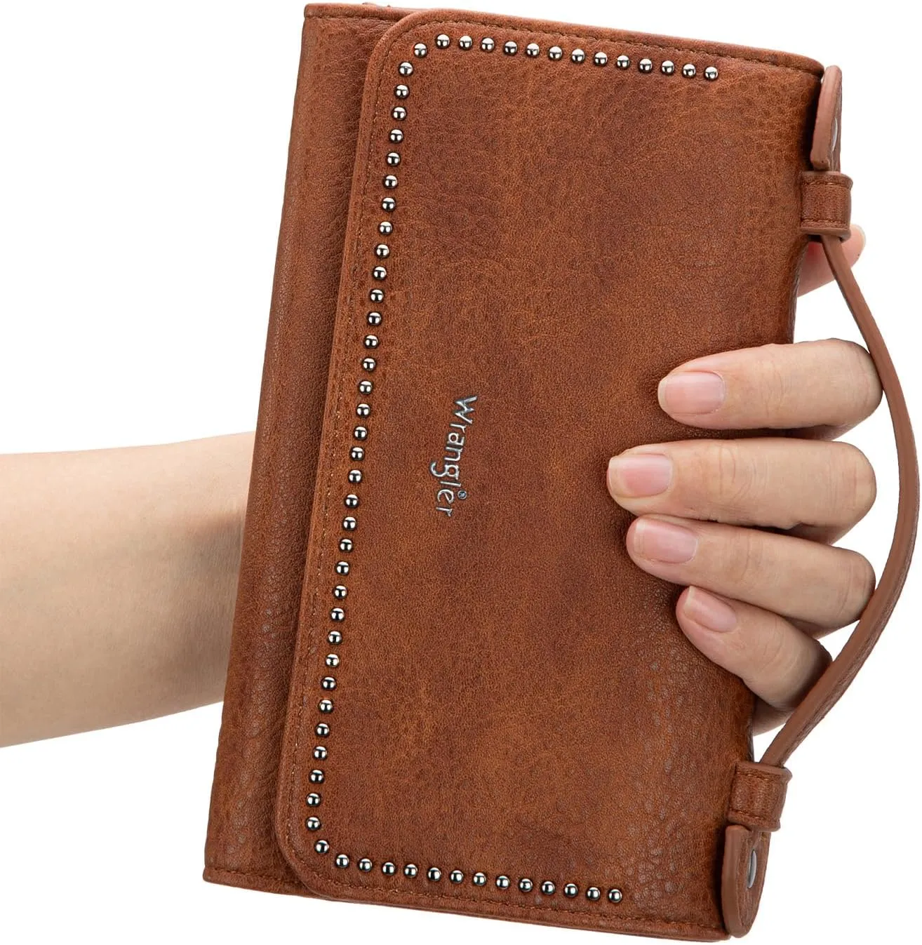 Montana West Wrangler Clutch Wallet for Women RFID Cute Crossbody Purse with Silver Rivets, Top-brown, Small, Minimalist