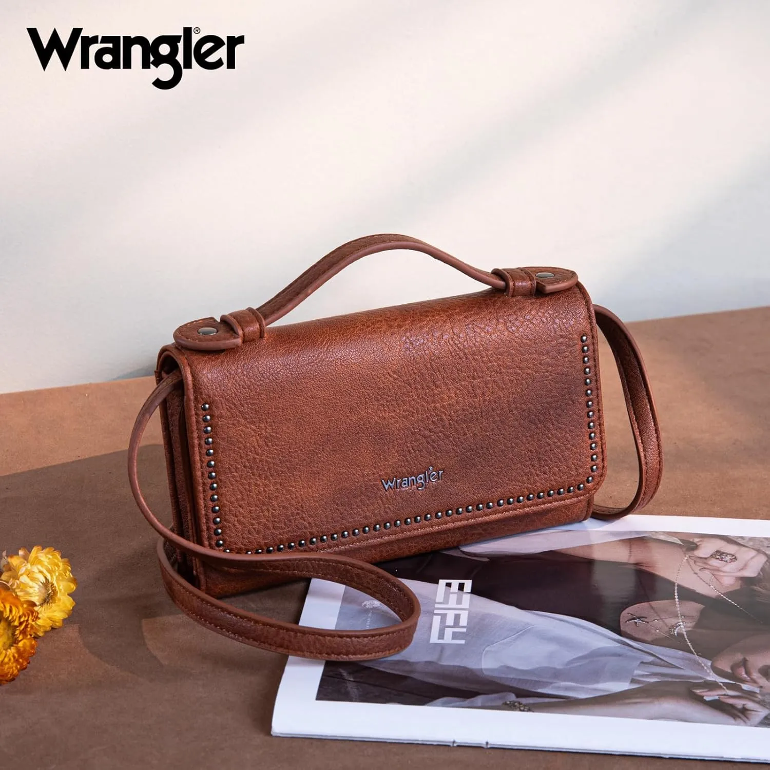 Montana West Wrangler Clutch Wallet for Women RFID Cute Crossbody Purse with Silver Rivets, Top-brown, Small, Minimalist