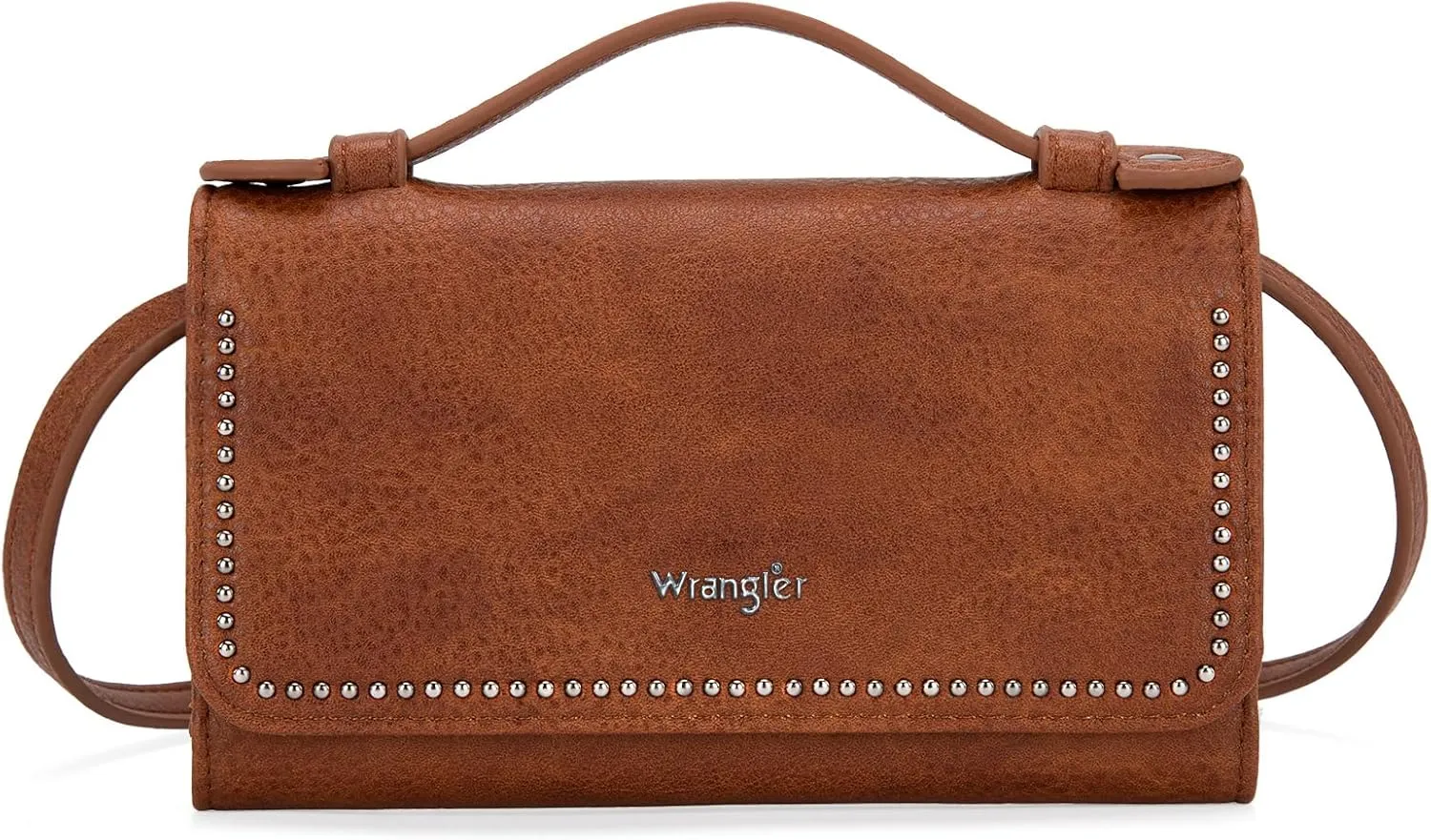 Montana West Wrangler Clutch Wallet for Women RFID Cute Crossbody Purse with Silver Rivets, Top-brown, Small, Minimalist