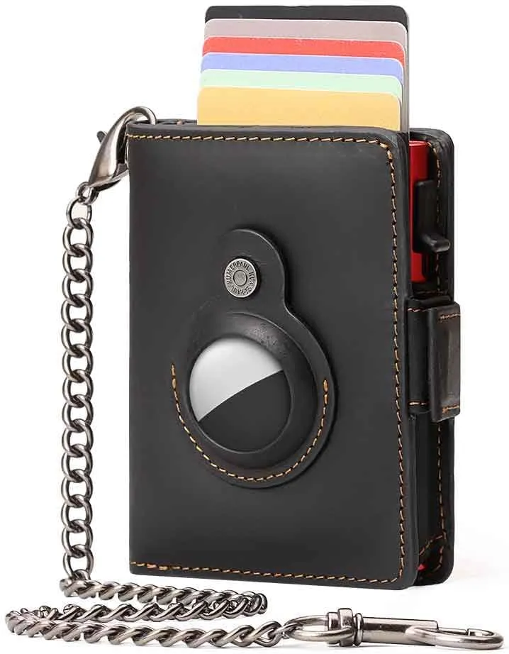 Niaiu Holder for AirTag Men's Wallet Genuine Leather Purse RFID Blocking Bifold with Anti-Theft Chain,Brown with Gift Box, Black02