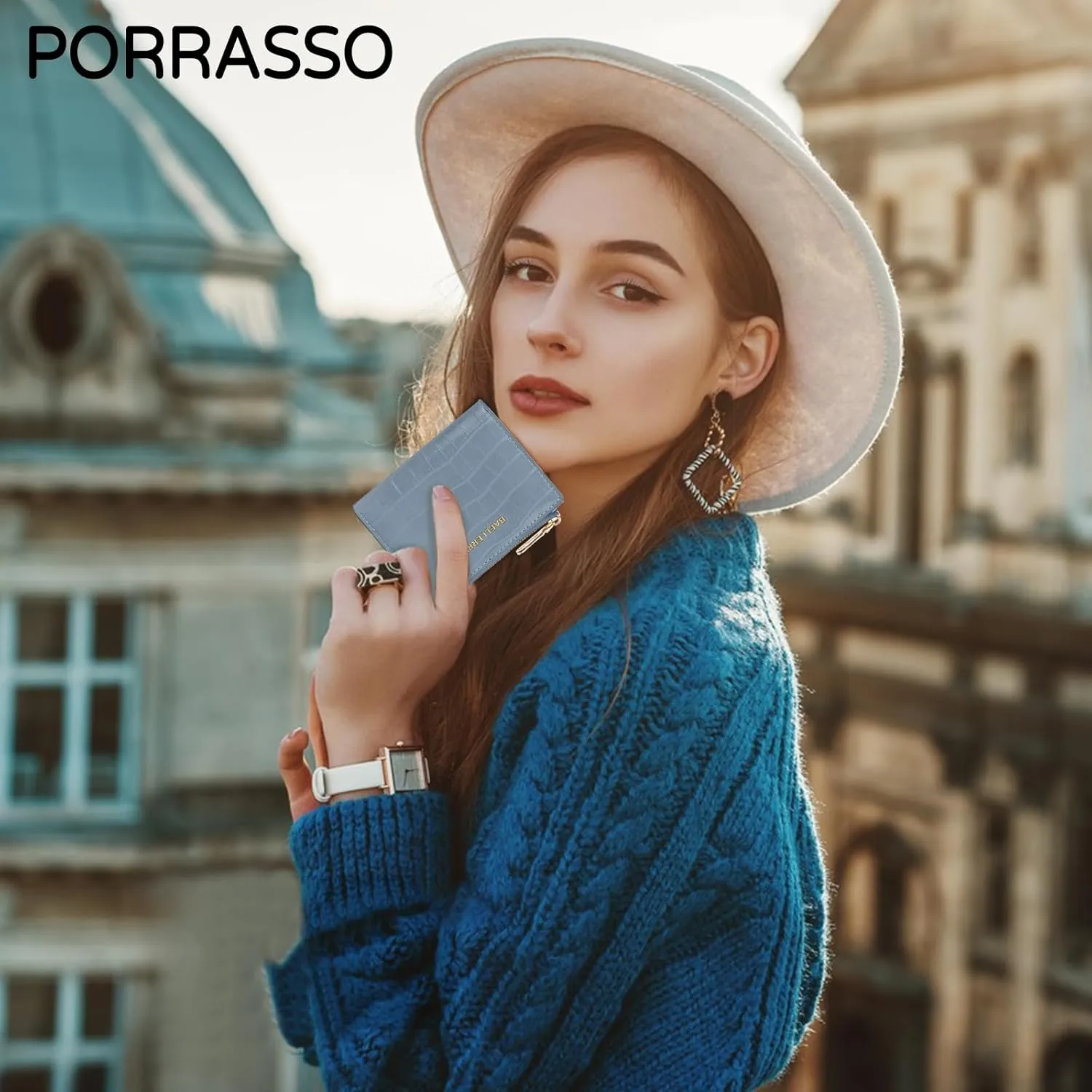 PORRASSO Fashion Wallet Ladies Minimalist Purse Women's PU Leather Change Pouch, Blue, L