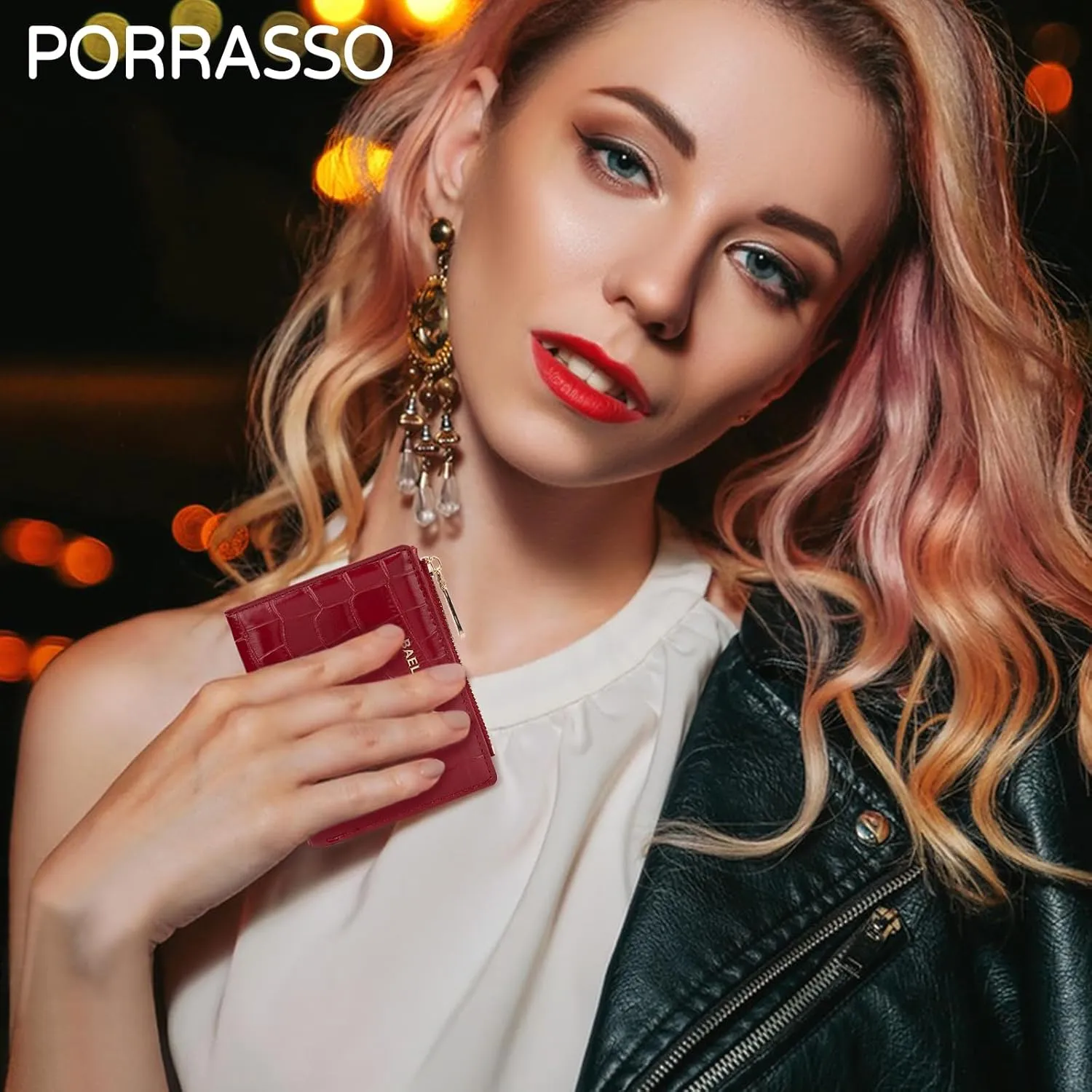 PORRASSO Fashion Wallet Ladies Minimalist Purse Women's PU Leather Change Pouch, Red, L