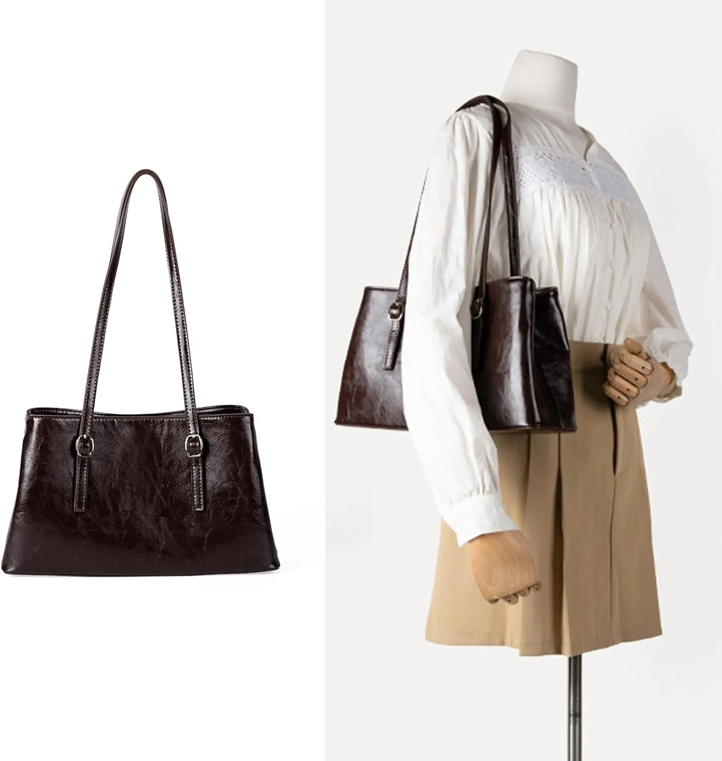 Retro Large Capacity Shoulder Bag with Oil Glossy Waxed PU Leather Finish for Commuting Work Underarm Solid for Women