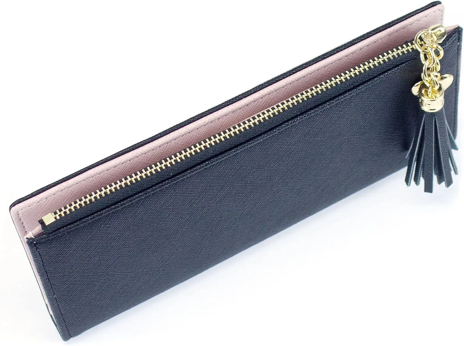 SUMGOGO Slim Wallet for Women Long Tassel Zipper Clutch Purse Handbag Card Case Wallet, Black, LARGE, Minimalist