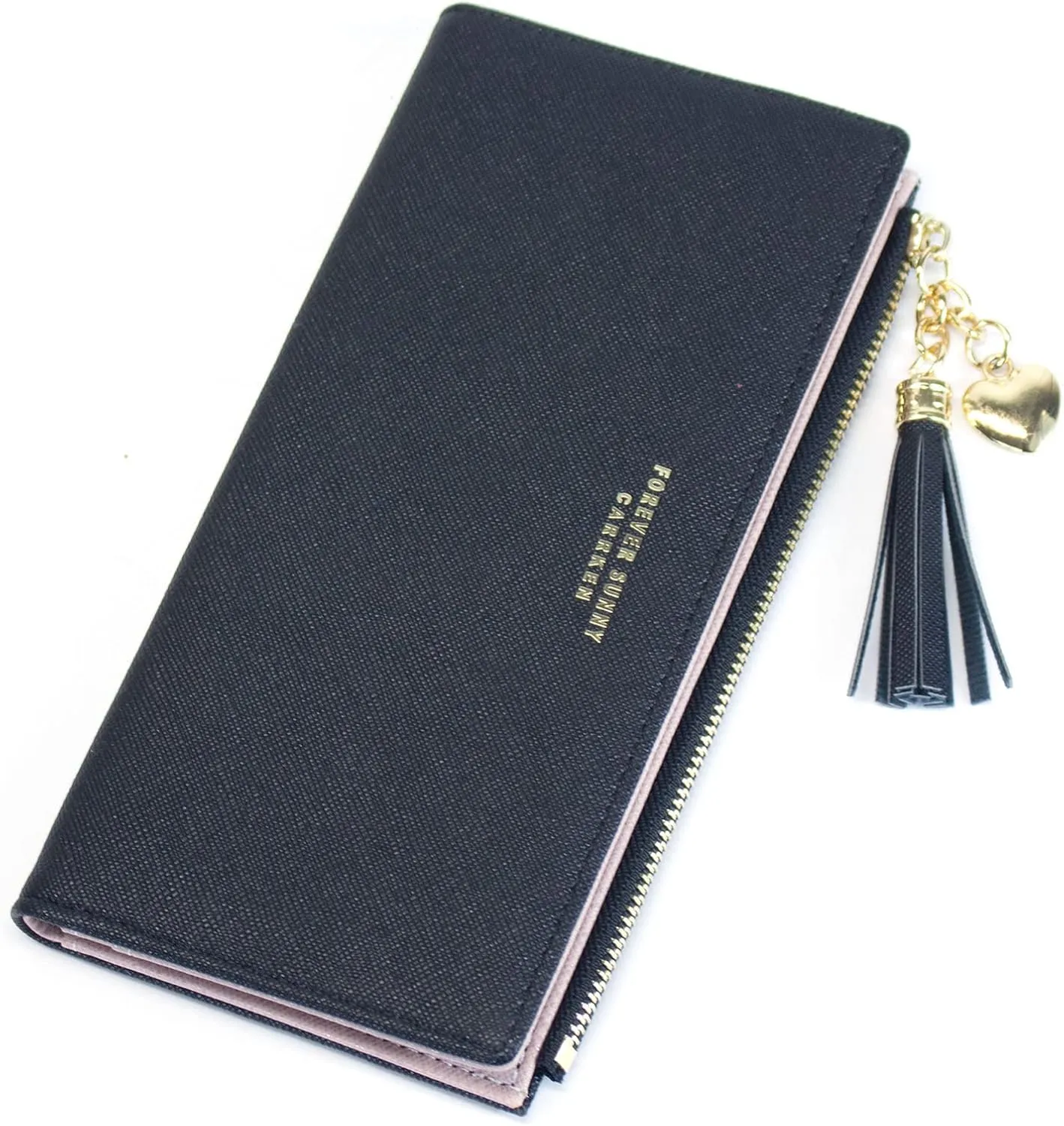 SUMGOGO Slim Wallet for Women Long Tassel Zipper Clutch Purse Handbag Card Case Wallet, Black, LARGE, Minimalist