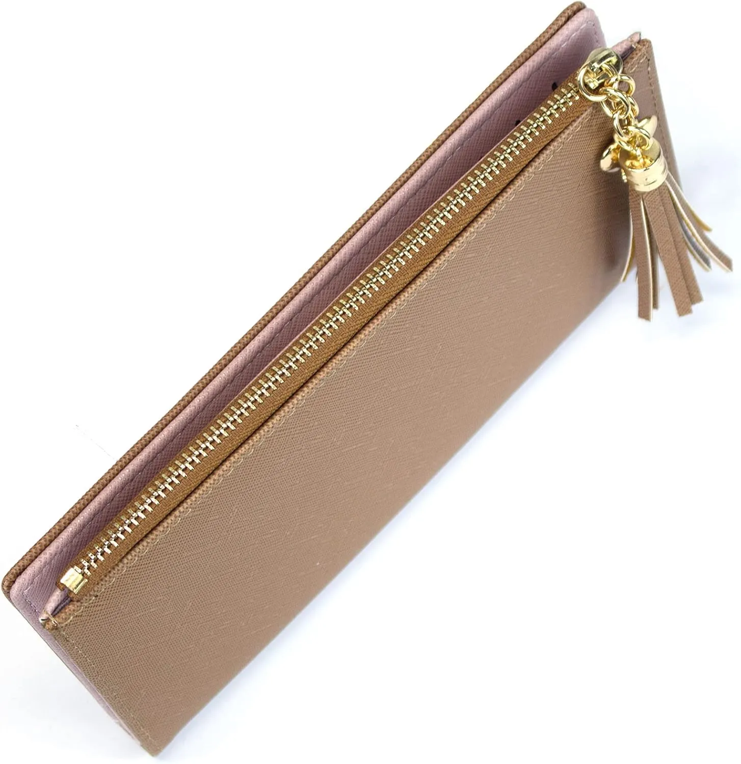 SUMGOGO Slim Wallet for Women Long Tassel Zipper Clutch Purse Handbag Card Case Wallet, Brown, Minimalist