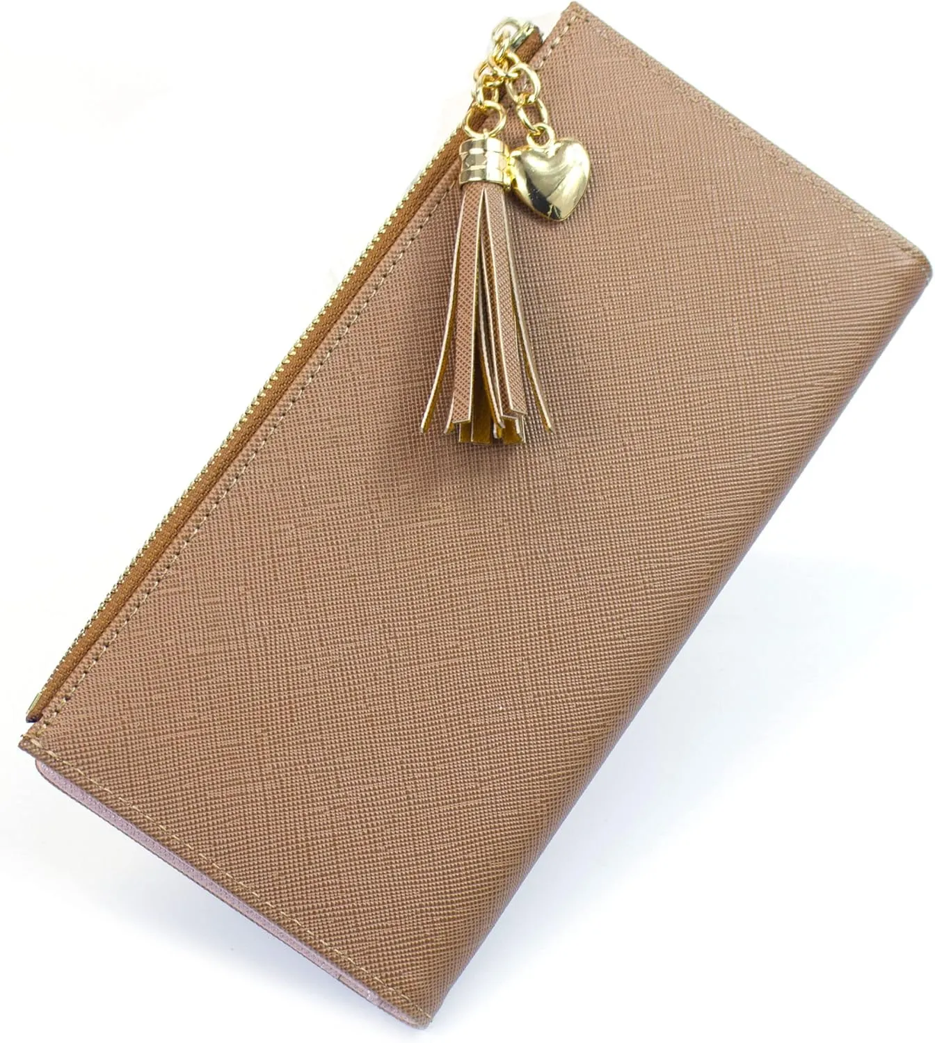 SUMGOGO Slim Wallet for Women Long Tassel Zipper Clutch Purse Handbag Card Case Wallet, Brown, Minimalist