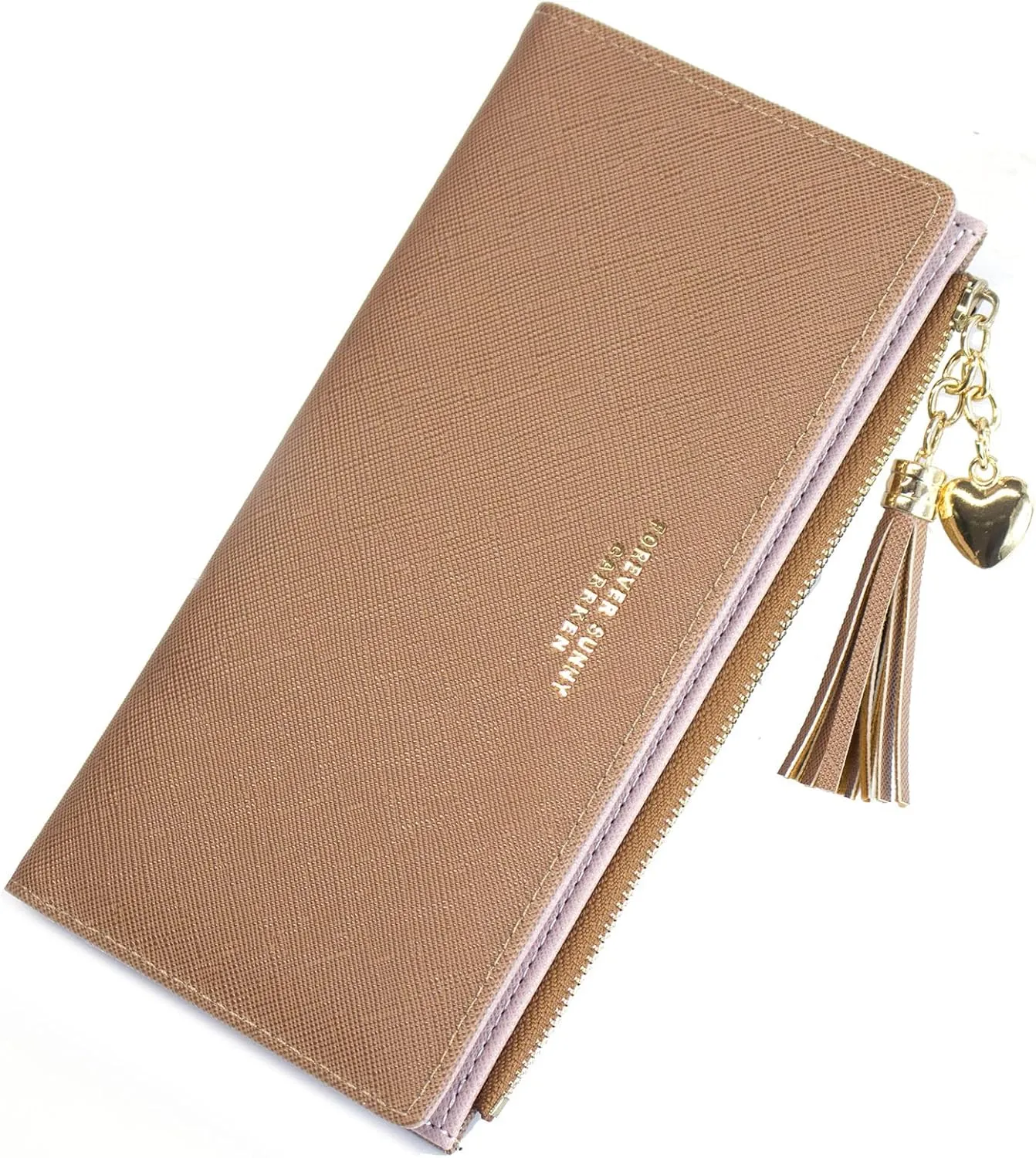 SUMGOGO Slim Wallet for Women Long Tassel Zipper Clutch Purse Handbag Card Case Wallet, Brown, Minimalist