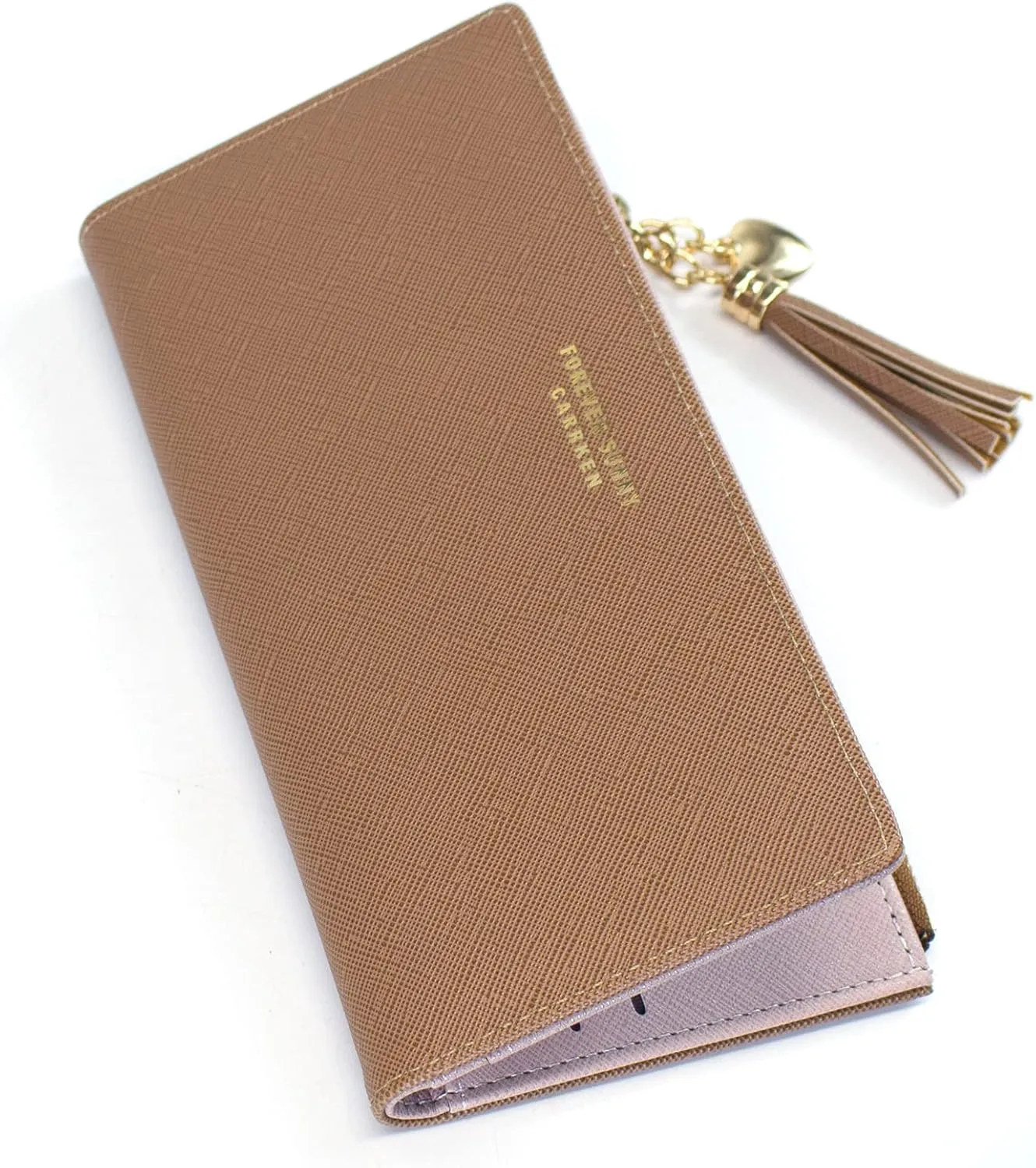 SUMGOGO Slim Wallet for Women Long Tassel Zipper Clutch Purse Handbag Card Case Wallet, Brown, Minimalist