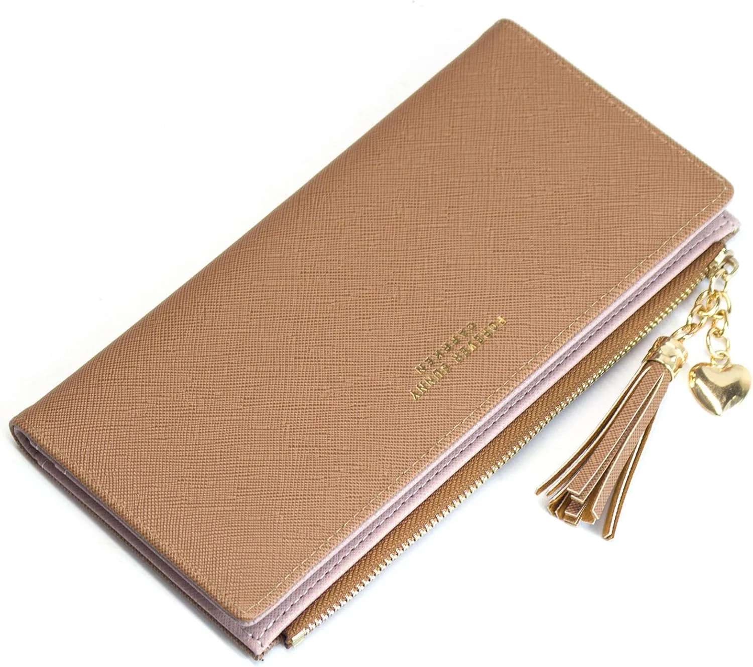 SUMGOGO Slim Wallet for Women Long Tassel Zipper Clutch Purse Handbag Card Case Wallet, Brown, Minimalist