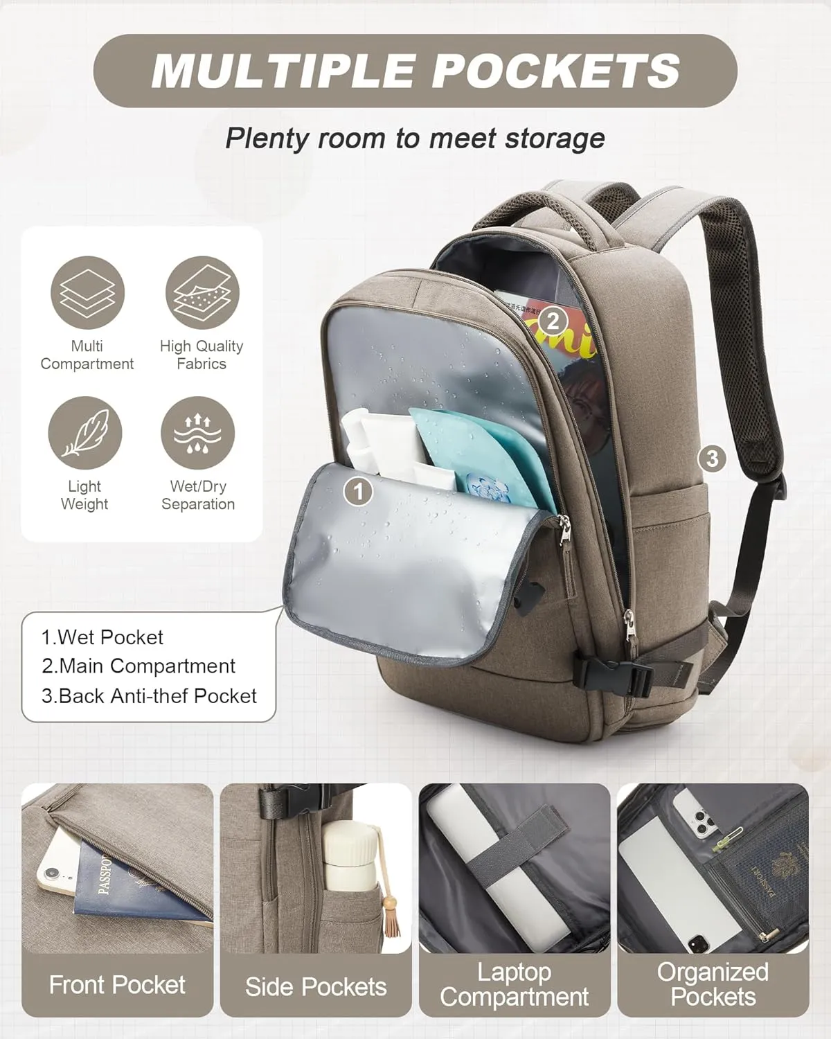 Travel Backpack for Men Women Carry on Backpack for Airplanes Personal Item Travel Bag Casual Nurse Bag Casual Bag for Weekender Business Trip Khaki
