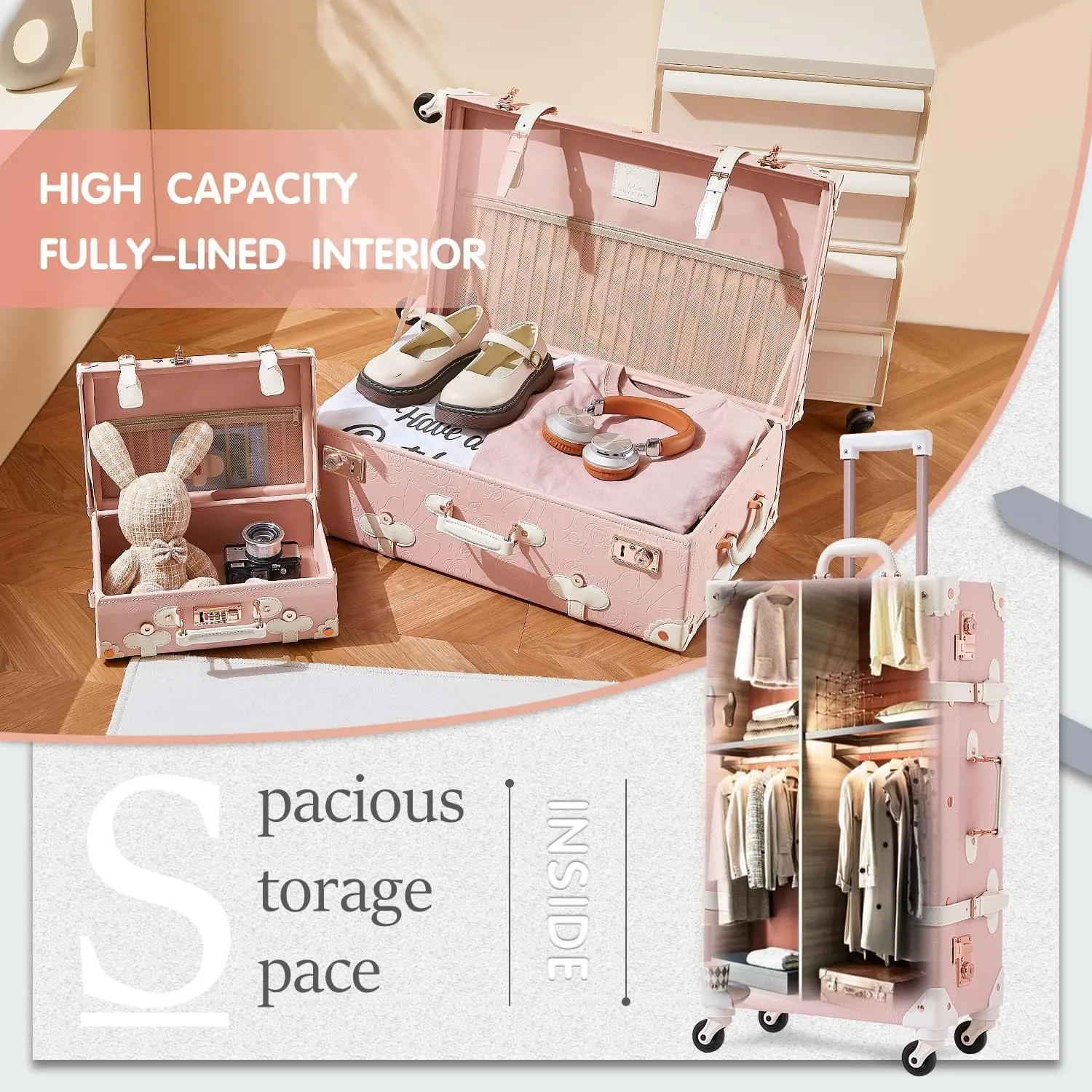 Unitravel 3 Piece Vintage Suitcase Set, Handcrafted Retro Luggage with TSA Lock and Carry On Cosmetic Train Case, Faux Leather Trunk Suitcase with Spinner Wheels for Women, Embossed Pink, 26" 20" 12"