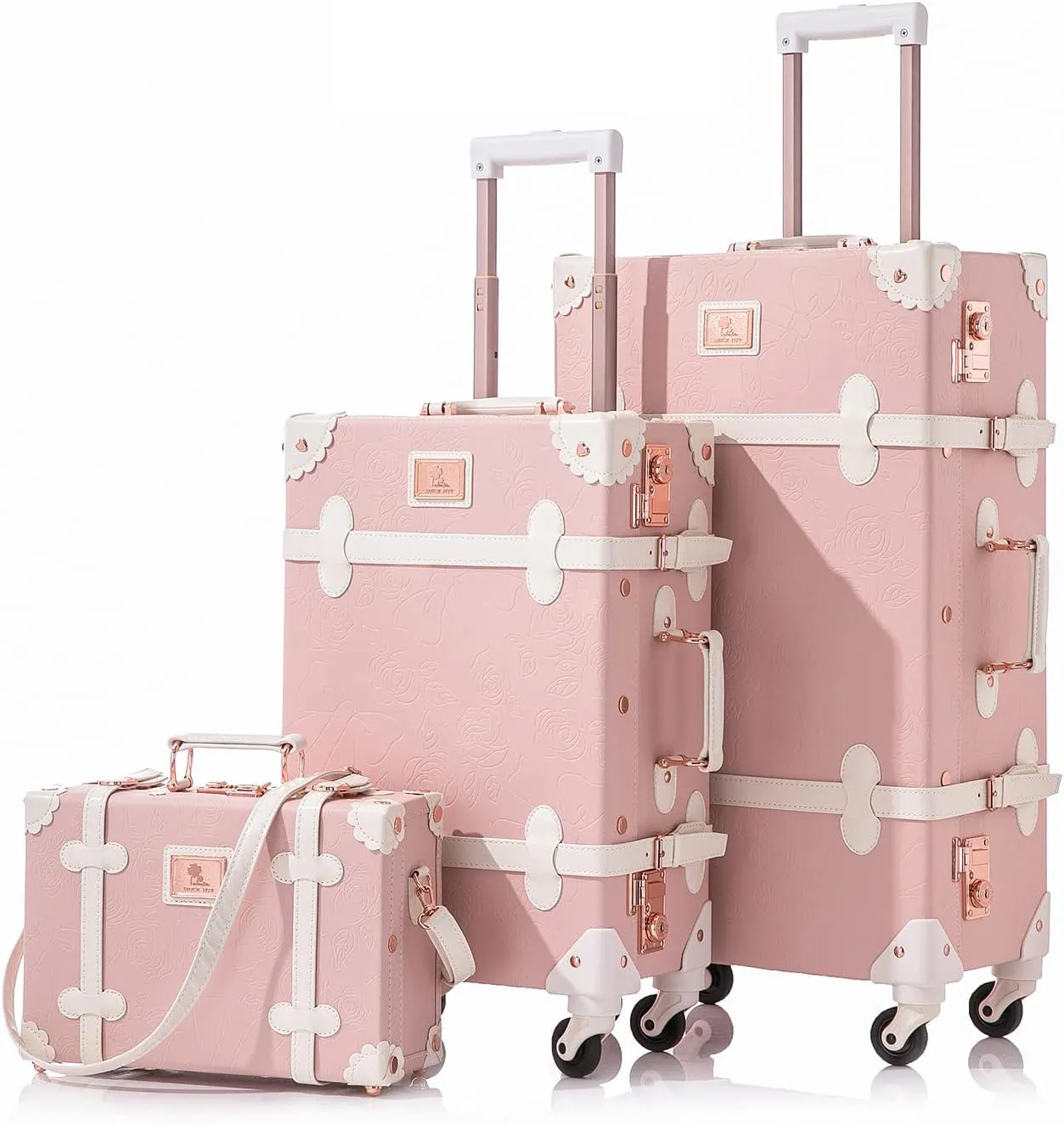 Unitravel 3 Piece Vintage Suitcase Set, Handcrafted Retro Luggage with TSA Lock and Carry On Cosmetic Train Case, Faux Leather Trunk Suitcase with Spinner Wheels for Women, Embossed Pink, 26" 20" 12"