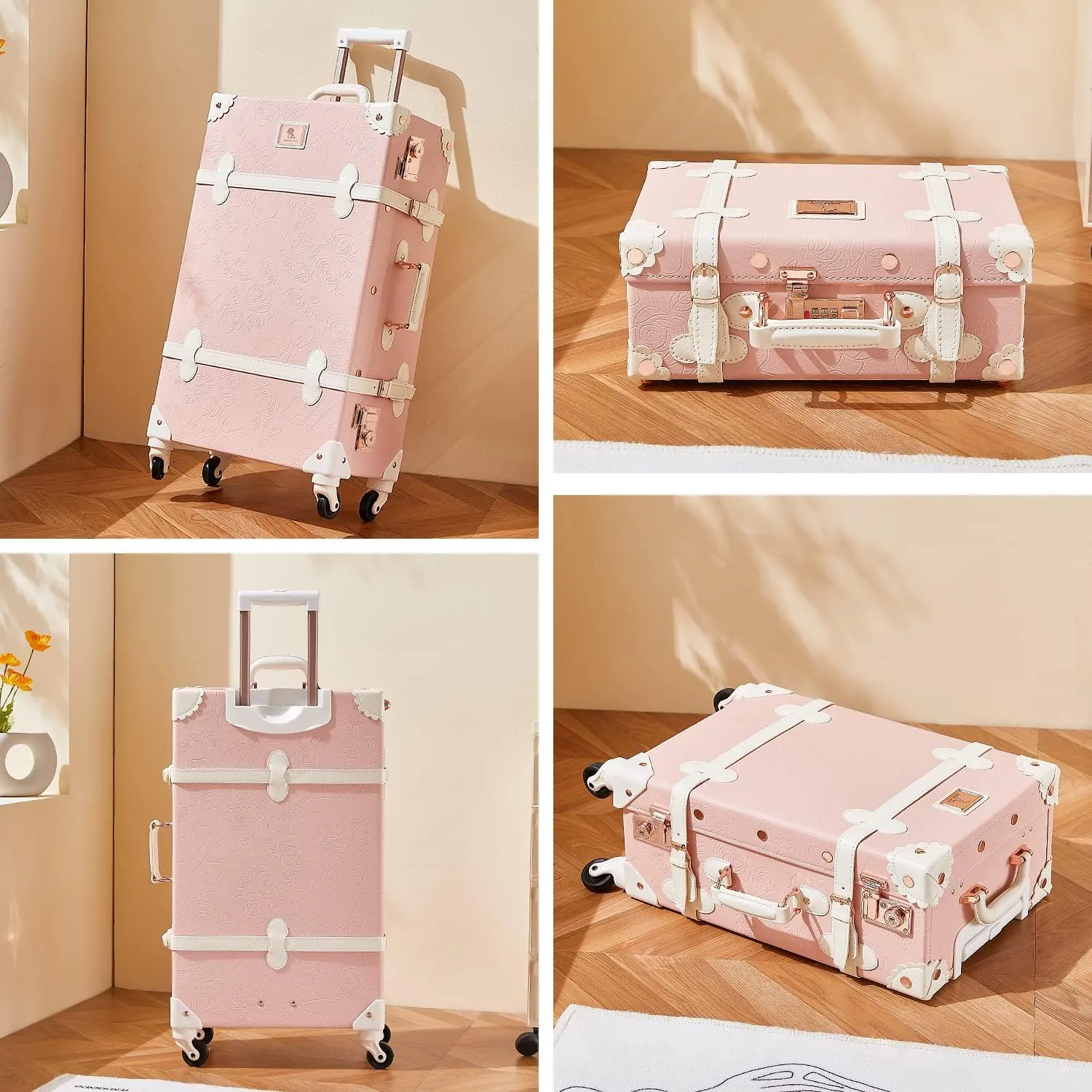 Unitravel 3 Piece Vintage Suitcase Set, Handcrafted Retro Luggage with TSA Lock and Carry On Cosmetic Train Case, Faux Leather Trunk Suitcase with Spinner Wheels for Women, Embossed Pink, 26" 20" 12"