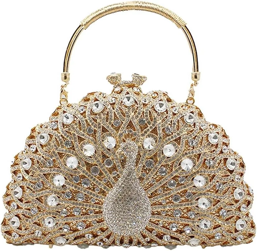 Women Peacock Crystal Clutch Purse Sparkling Rhinestone Handbag Ladies Luxury Evening Bag Wedding Party Purse, Gold